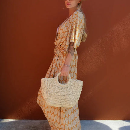 Kimono long imprimé feuilles caramel crème manches larges fente bohème femme plage Lumière Bohème