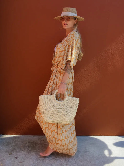 Kimono long imprimé feuilles caramel crème manches larges fente bohème femme plage Lumière Bohème