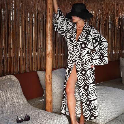 Kimono long imprimé tropical monstera manches larges noir blanc bohème femme plage soirée Lumière Bohème