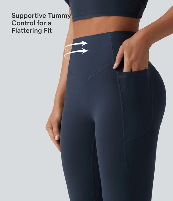 Leggings de yoga évasés à taille haute, effet galbant, rehaussant les fesses et affinant le ventre, avec poches