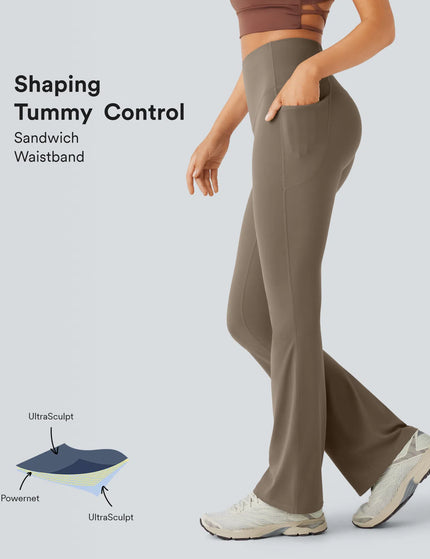 Leggings de yoga bootcut à taille haute, avec poche et effet amincissant Brown