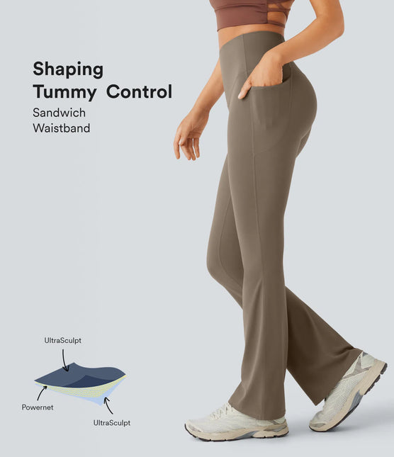 Leggings de yoga bootcut à taille haute, avec poche et effet amincissant Brown