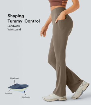 Leggings de yoga bootcut à taille haute, avec poche et effet amincissant Brown