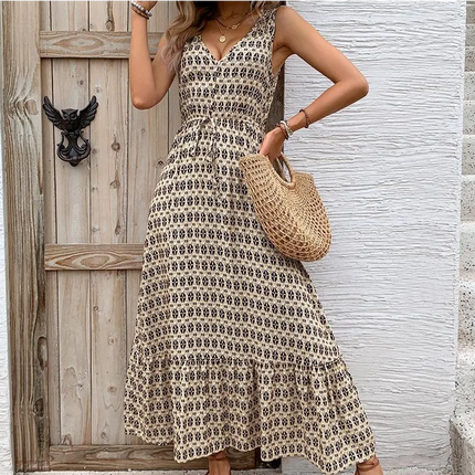 Robe Midi Trapèze Imprimé Géométrique Col V Taille Haute | Style Bohème Femme | Lumière Bohème