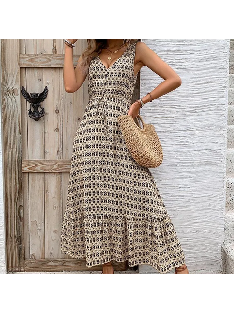 Robe Midi Trapèze Imprimé Géométrique Col V Taille Haute | Style Bohème Femme | Lumière Bohème