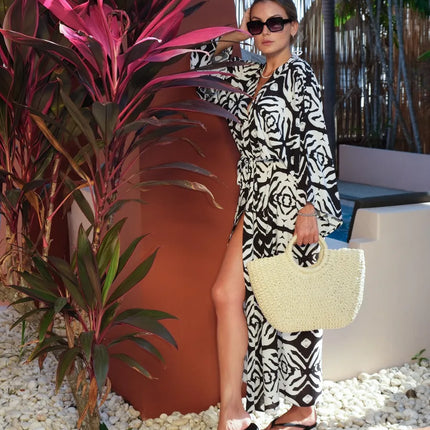 Kimono long imprimé tropical monstera manches larges noir blanc bohème femme plage soirée Lumière Bohème