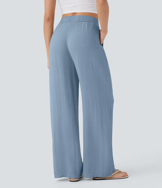 Pantalon Large Lin Coton Taille Elastique Poches - Gris Clair - Lumiere Boheme