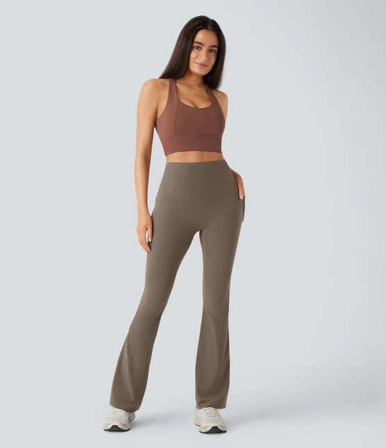 Leggings de yoga bootcut à taille haute, avec poche et effet amincissant Brown
