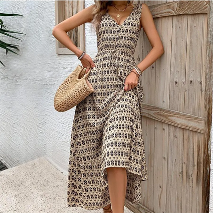 Robe Midi Trapèze Imprimé Géométrique Col V Taille Haute | Style Bohème Femme | Lumière Bohème