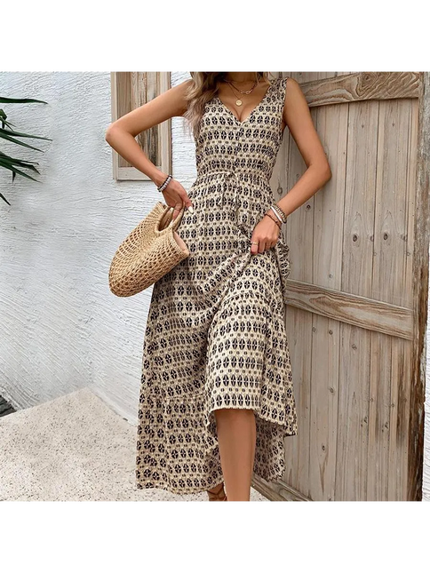 Robe Midi Trapèze Imprimé Géométrique Col V Taille Haute | Style Bohème Femme | Lumière Bohème
