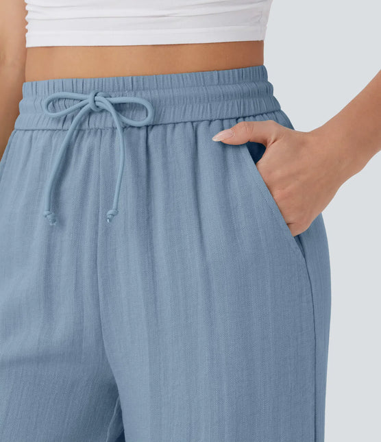 Pantalon Large Lin Coton Taille Elastique Poches - Gris Clair - Lumiere Boheme