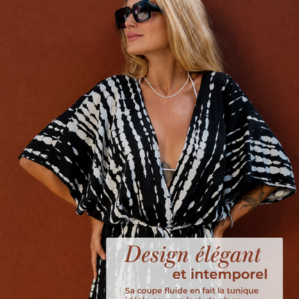 Kimono long tunika oversize tie-dye viscose ceinture noir blanc bohème femme plage Lumière Bohème