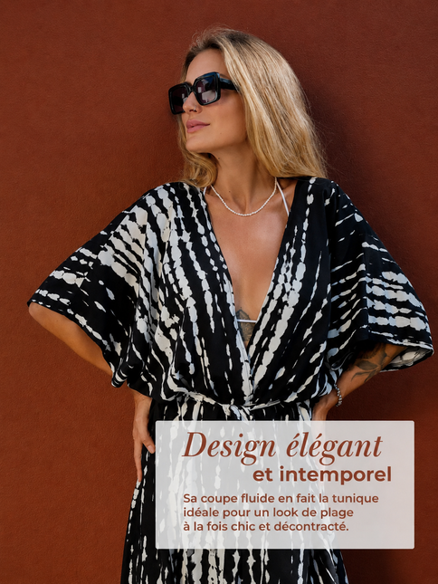 Kimono long tunika oversize tie-dye viscose ceinture noir blanc bohème femme plage Lumière Bohème