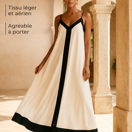 Robe maxi bretelles fines col V fluide bordures contrastées crème noir bohème femme plage Lumière Bohème
