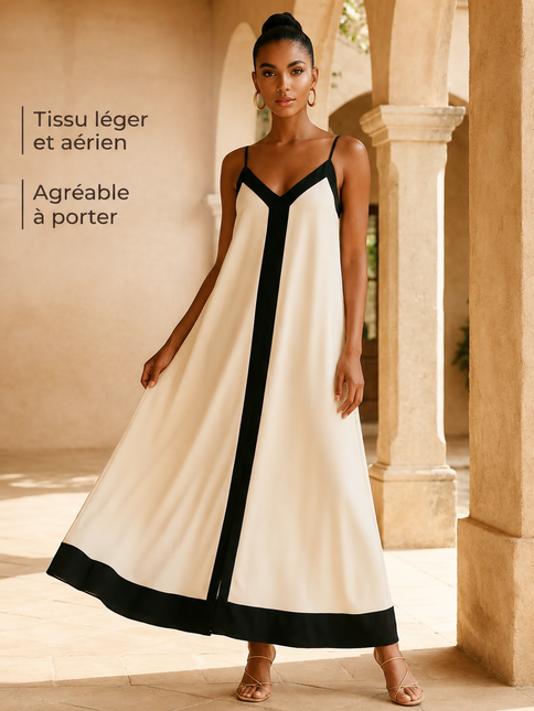 Robe maxi bretelles fines col V fluide bordures contrastées crème noir bohème femme plage Lumière Bohème