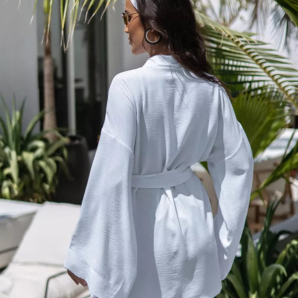 Kimono court blanc texturé gaufré manches larges ceinture bohème chic femme maison plage Lumière Bohème