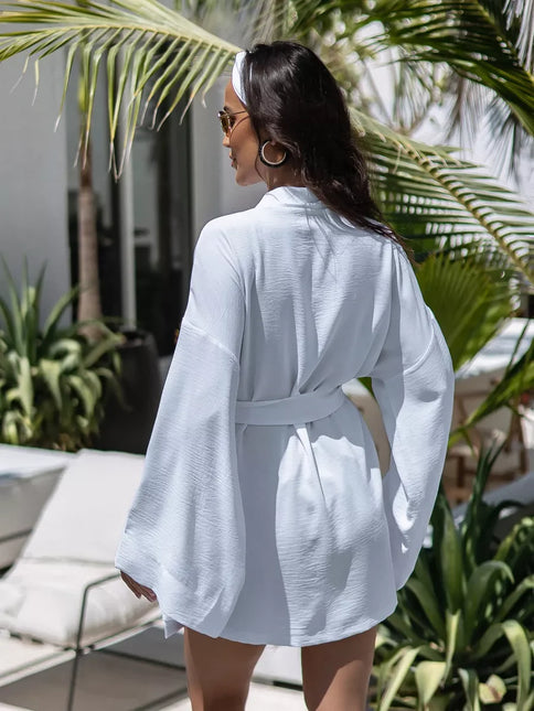 Kimono court blanc texturé gaufré manches larges ceinture bohème chic femme maison plage Lumière Bohème
