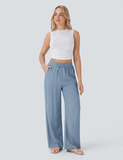Pantalon Large Lin Coton Taille Elastique Poches - Gris Clair - Lumiere Boheme