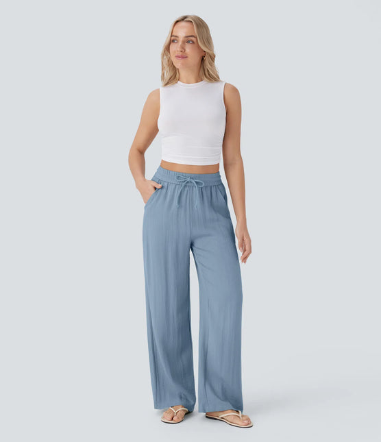 Pantalon Large Lin Coton Taille Elastique Poches - Gris Clair - Lumiere Boheme