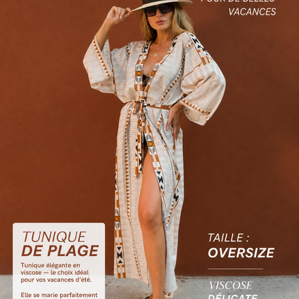 Kimono Long Imprimé Aztèque Géométrique Manches Larges Ceinture | Style Bohème Femme | Lumière Bohème