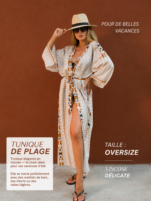 Kimono Long Imprimé Aztèque Géométrique Manches Larges Ceinture | Style Bohème Femme | Lumière Bohème