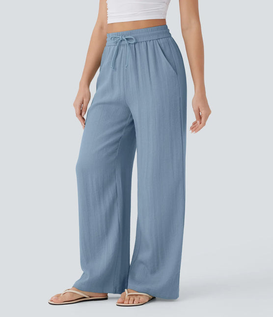 Pantalon Large Lin Coton Taille Elastique Poches - Gris Clair - Lumiere Boheme