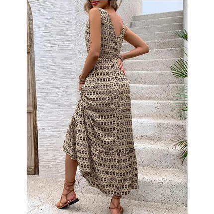 Robe Midi Trapèze Imprimé Géométrique Col V Taille Haute | Style Bohème Femme | Lumière Bohème