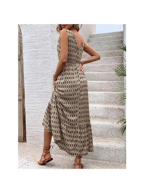 Robe Midi Trapèze Imprimé Géométrique Col V Taille Haute | Style Bohème Femme | Lumière Bohème