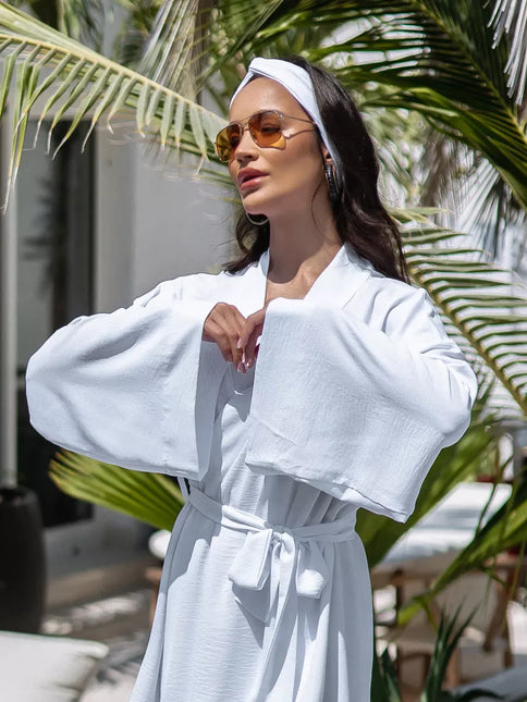 Kimono court blanc texturé gaufré manches larges ceinture bohème chic femme maison plage Lumière Bohème