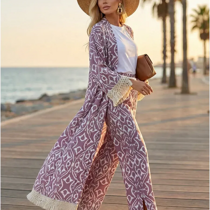 Kimono Long Ikat Oriental Franges Crochet - Rose Poudré bohème femme plage soirée Lumière Bohème