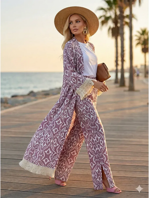 Kimono Long Ikat Oriental Franges Crochet - Rose Poudré bohème femme plage soirée Lumière Bohème