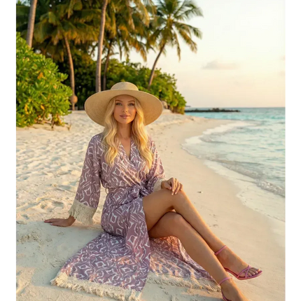 Kimono Long Ikat Oriental Franges Crochet - Rose Poudré bohème femme plage soirée Lumière Bohème