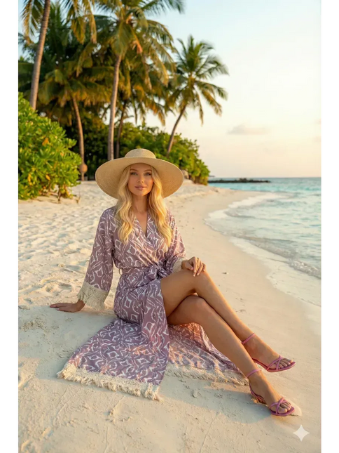 Kimono Long Ikat Oriental Franges Crochet - Rose Poudré bohème femme plage soirée Lumière Bohème