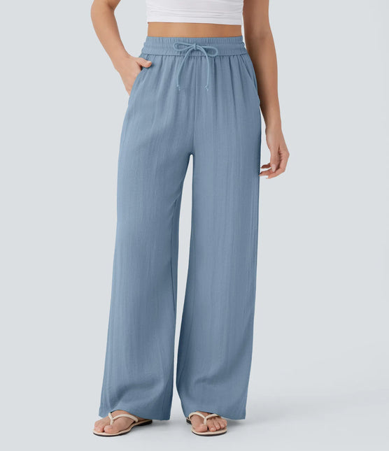 Pantalon Large Lin Coton Taille Elastique Poches - Gris Clair - Lumiere Boheme