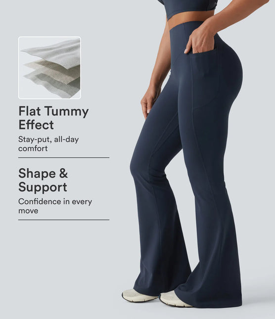 Leggings de yoga évasés à taille haute, effet galbant, rehaussant les fesses et affinant le ventre, avec poches