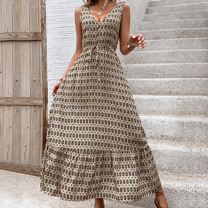 Robe Midi Trapèze Imprimé Géométrique Col V Taille Haute | Style Bohème Femme | Lumière Bohème