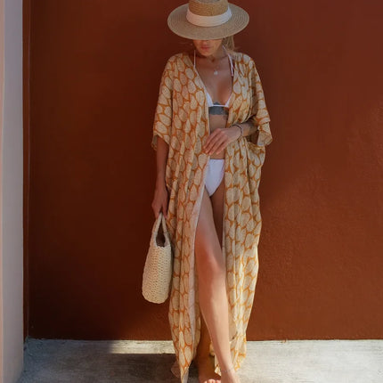 Kimono long imprimé feuilles caramel crème manches larges fente bohème femme plage Lumière Bohème