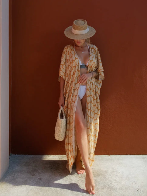 Kimono long imprimé feuilles caramel crème manches larges fente bohème femme plage Lumière Bohème