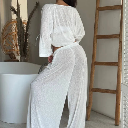 Ensemble 3 en 1 kimono pantalon large texturé brillant ceinture blanc bohème femme maison plage Lumière Bohème