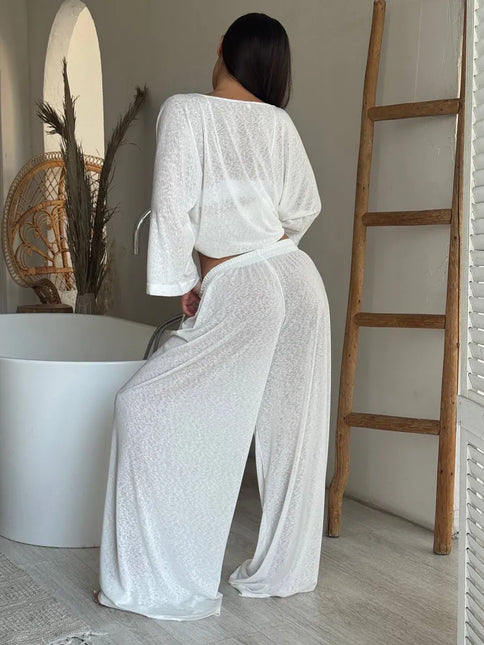 Ensemble 3 en 1 kimono pantalon large texturé brillant ceinture blanc bohème femme maison plage Lumière Bohème