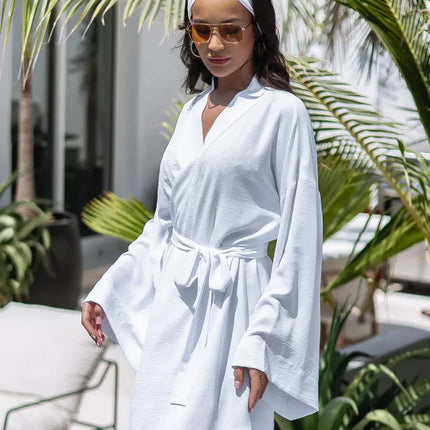 Kimono court blanc texturé gaufré manches larges ceinture bohème chic femme maison plage Lumière Bohème