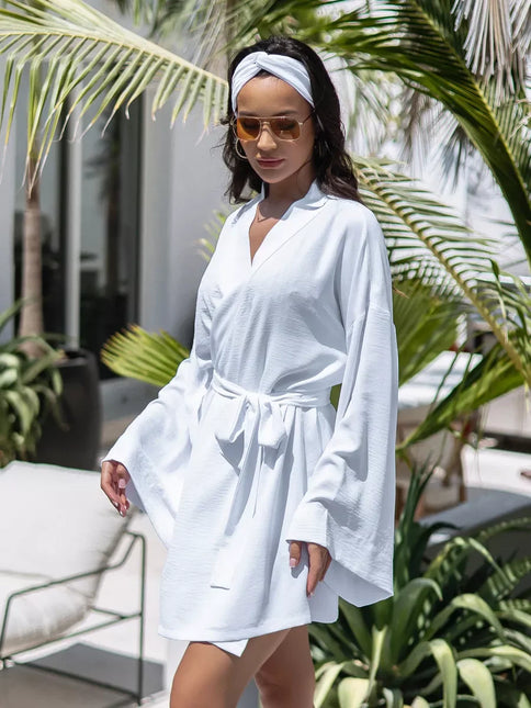Kimono court blanc texturé gaufré manches larges ceinture bohème chic femme maison plage Lumière Bohème