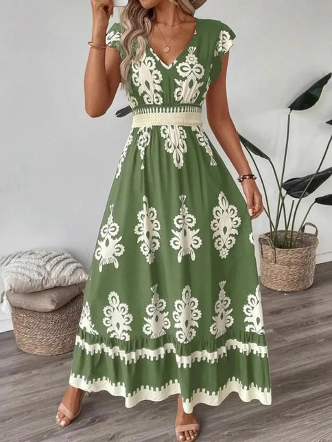 Robe Midi Col V Manches Cap Imprimé Baroque Smockée | Style Bohème Femme | Lumière Bohème