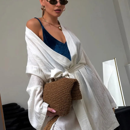 Kimono court lin froissé manches larges ceinture nouée écru bohème naturel femme maison plage Lumière Bohème