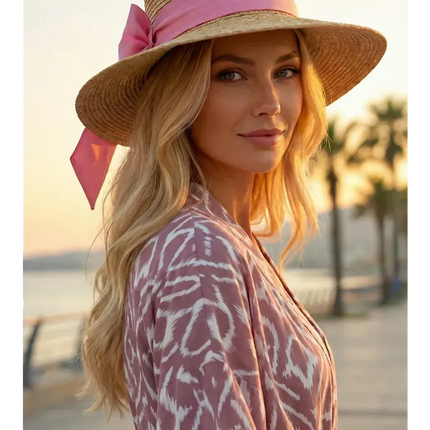 Kimono long ikat oriental franges crochet ceinture rose poudré coton bohème femme Lumière Bohème