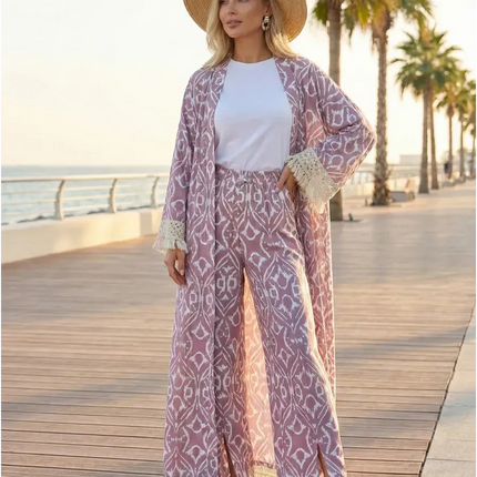 Kimono long ikat oriental franges crochet ceinture rose poudré coton bohème femme Lumière Bohème