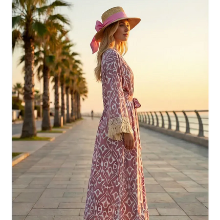 Kimono long ikat oriental franges crochet ceinture rose poudré coton bohème femme Lumière Bohème