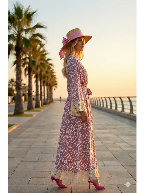 Kimono long ikat oriental franges crochet ceinture rose poudré coton bohème femme Lumière Bohème