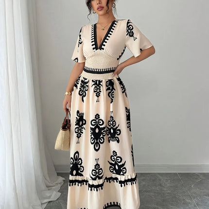 Robe longue col V imprimé baroque vintage smockée manches courtes beige noir bohème femme Lumière Bohème