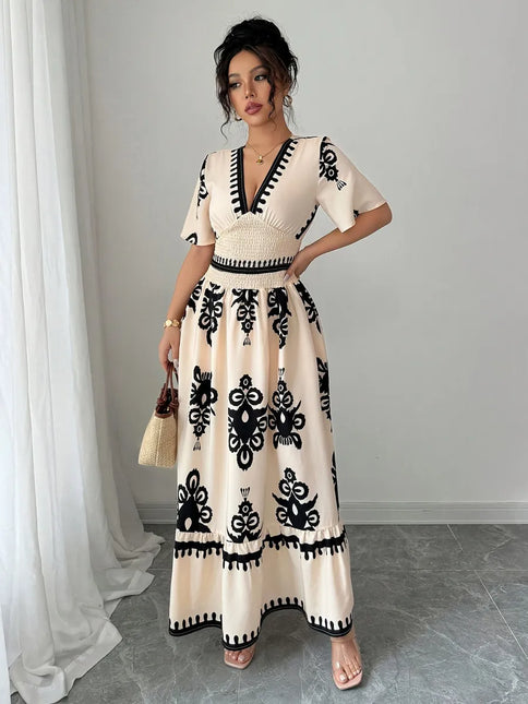 Robe longue col V imprimé baroque vintage smockée manches courtes beige noir bohème femme Lumière Bohème